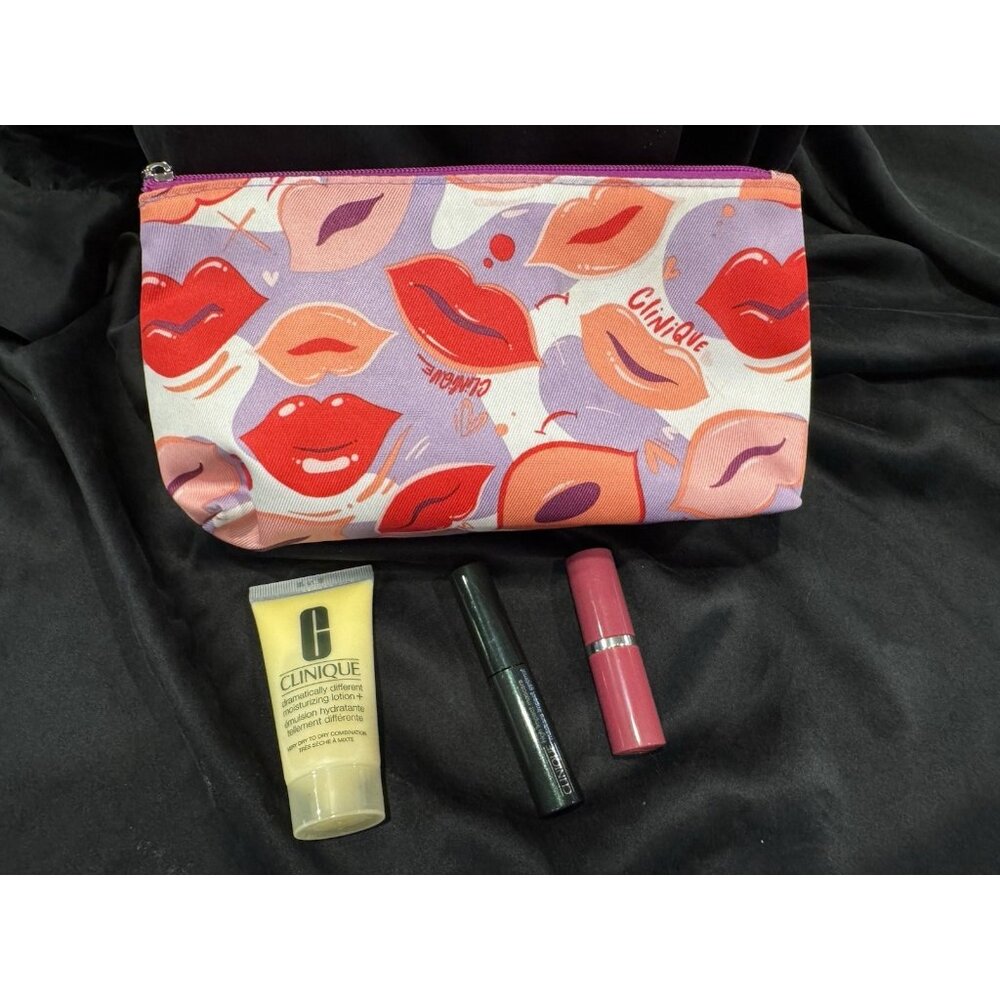 Clinique Skincare Makeup 4 Pcs Sample Size Gift Set Bag Lips Kisses Plum Pop